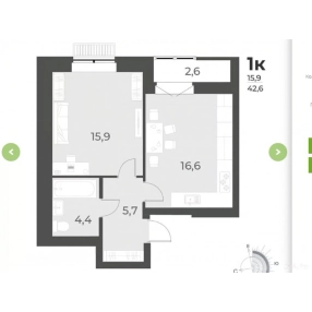 1-к. квартира, 42,6 м², 7/13 эт.